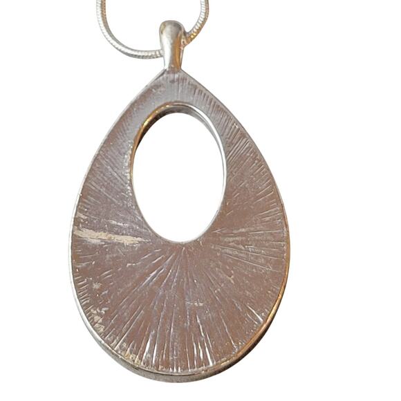 Silver Tone Teardrop Pendant Necklace with Blue Stone Inlay 32" Chain Rhinestone - Picture 3 of 13